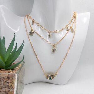 Boho Festival Evil Eye Celestial Layered Gold Tone Necklace Unique Rhinestone